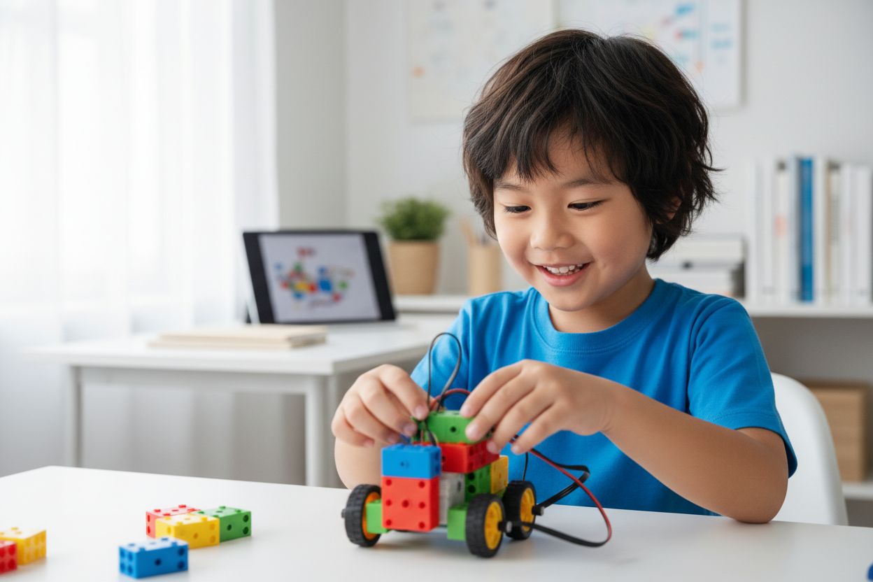 asian kid playing with stem toy